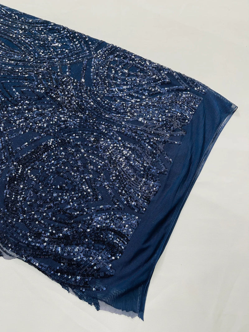 Long Wavy Line Design Sequins - Navy Blue - 4 Way Stretch Sequin Design on Mesh Fabric By Yard