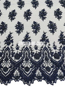 Floral Cluster Beaded Fabric - Navy Blue - Embroidered Fancy Fashion Design Beads and Sequins Sold by yard