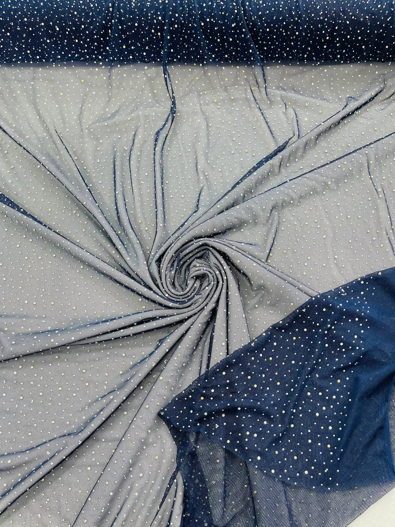 Power Mesh Polyester Rhinestones Fabric - Navy Blue - 4 Way Stretch Mesh Fabric Sold by Yard