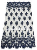 Floral Cluster Beaded Fabric - Navy Blue - Embroidered Fancy Fashion Design Beads and Sequins Sold by yard