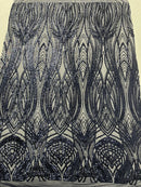 Long Wavy Line Design Sequins - Navy Blue - 4 Way Stretch Sequin Design on Mesh Fabric By Yard