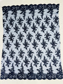 Floral Cluster Lace Fabric - Navy Blue - Embroidered Flowers With Sequins on a Mesh Lace Fabric Sold By Yard