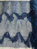 Fringe Sequins Fabric - Navy Blue - Hanging Sequins 2 Way Stretch Fabric Sold By Yard