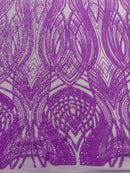 Long Wavy Line Design Sequins - Neon Grape - 4 Way Stretch Sequin Design on Mesh Fabric By Yard