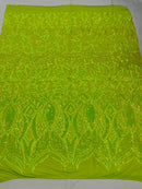 Iridescent Sequin Fabric - Neon Lime Green - 4 Way Stretch Royalty Lace Sequin By Yard