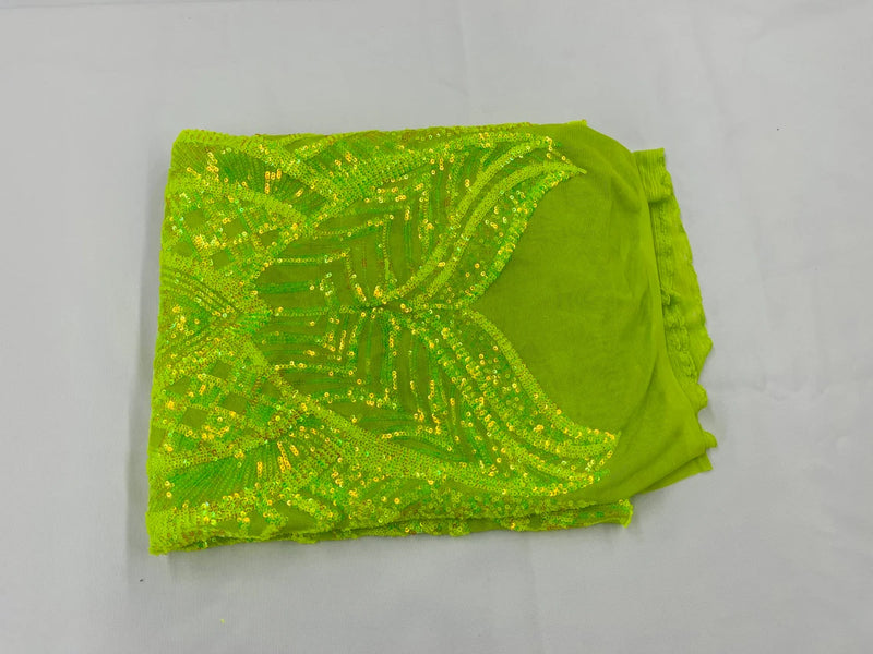 Iridescent Sequin Fabric - Neon Lime Green - 4 Way Stretch Royalty Lace Sequin By Yard