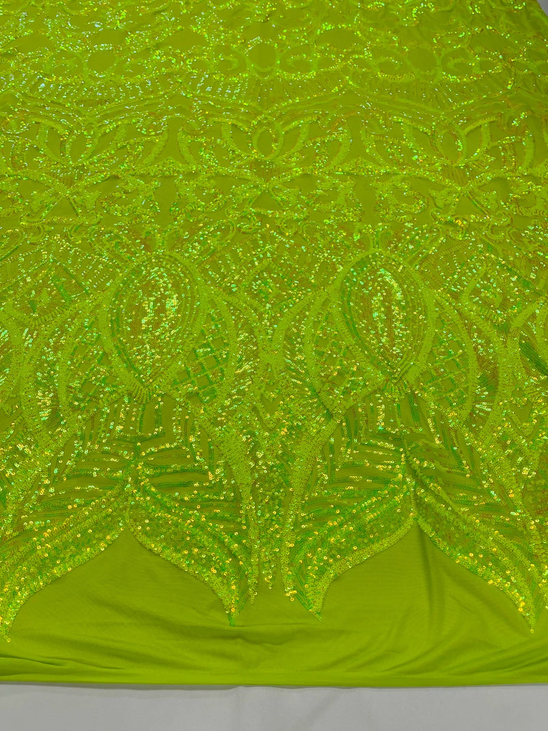 Iridescent Sequin Fabric - Neon Lime Green - 4 Way Stretch Royalty Lace Sequin By Yard