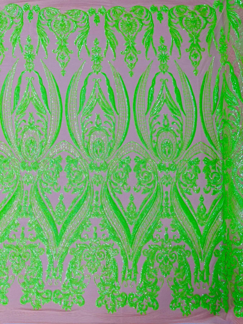 Damask Sequins - Neon Green on Nude - Damask Sequin Design on 4 Way Stretch Fabric By Yard