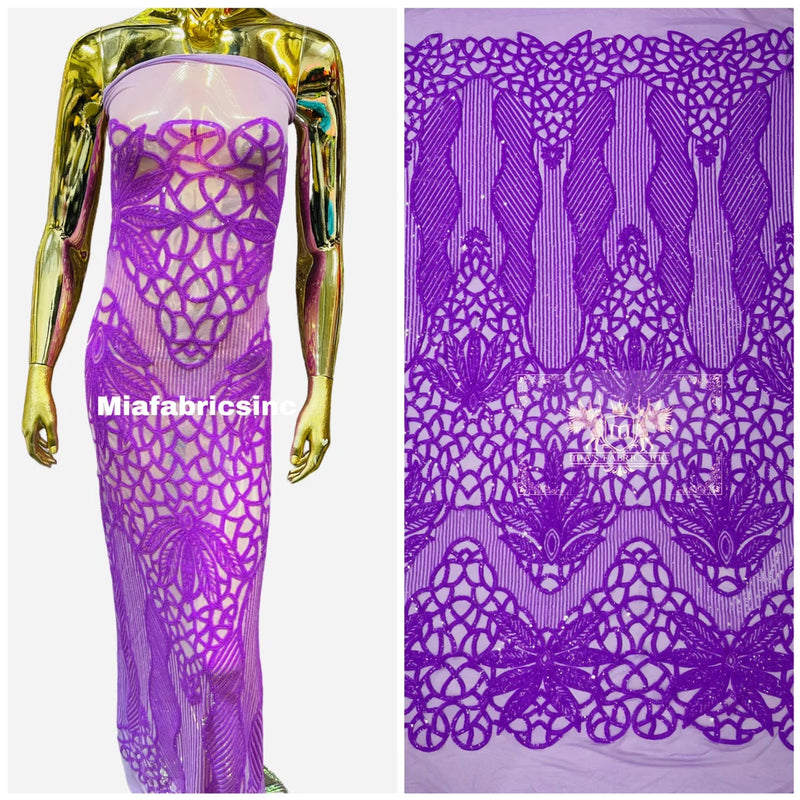 Floral Star Leaf Design - Neon Lilac - 4 Way Stretch Sequin Floral Design on Mesh By Yard