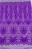 Floral Star Leaf Design - Neon Lilac - 4 Way Stretch Sequin Floral Design on Mesh By Yard