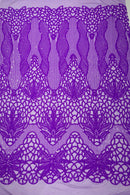 Floral Star Leaf Design - Neon Lilac - 4 Way Stretch Sequin Floral Design on Mesh By Yard