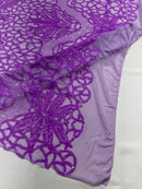 Floral Star Leaf Design - Neon Lilac - 4 Way Stretch Sequin Floral Design on Mesh By Yard