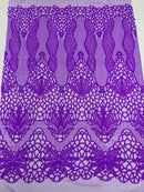 Floral Star Leaf Design - Neon Lilac - 4 Way Stretch Sequin Floral Design on Mesh By Yard