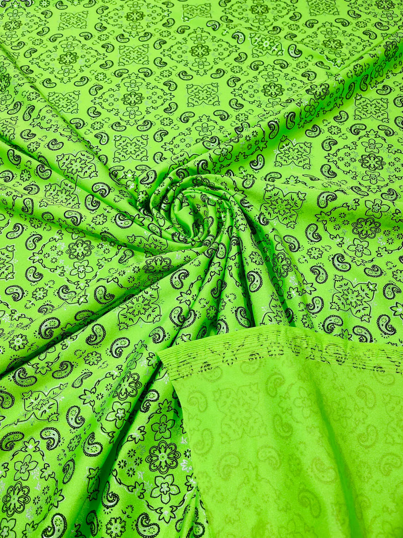 Bandana Spandex Print Fabrics - Neon Lime Green - Bandana Design Stretch Spandex Fabric By Yard