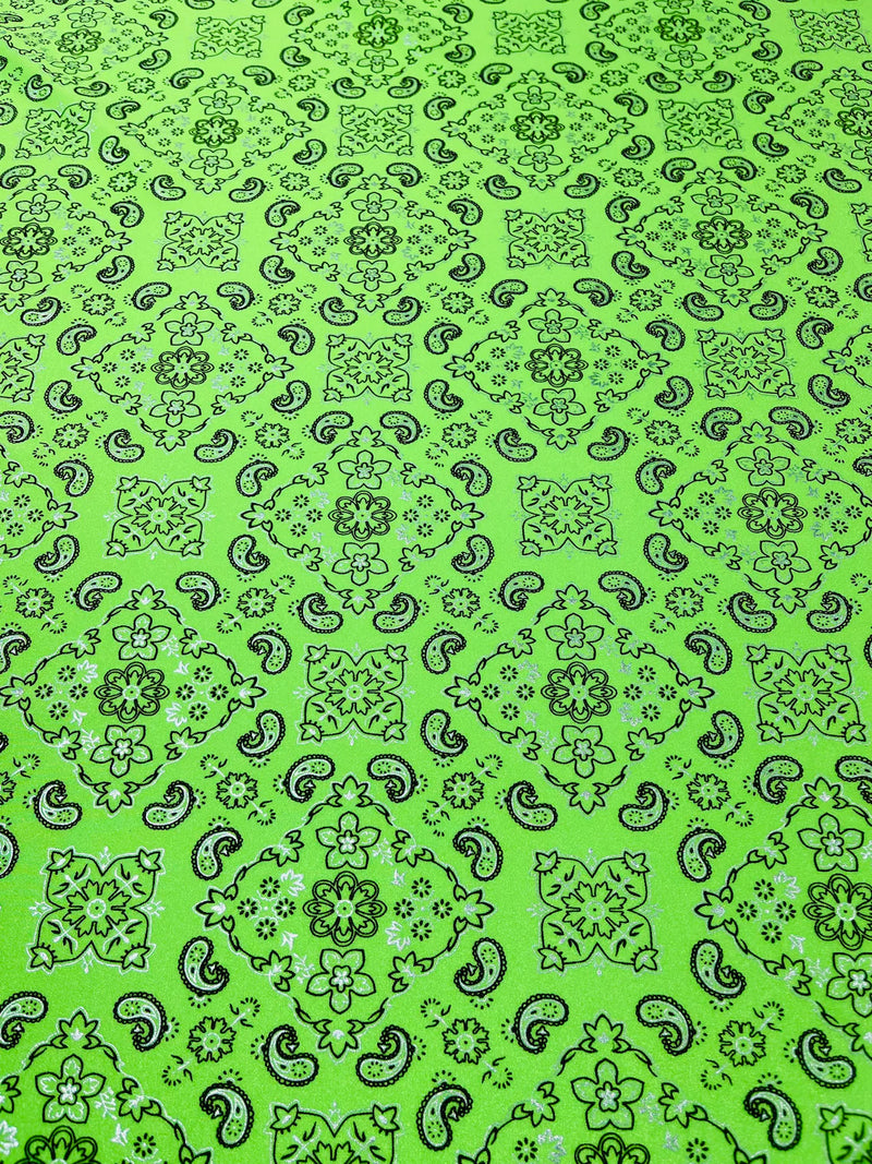 Bandana Spandex Print Fabrics - Neon Lime Green - Bandana Design Stretch Spandex Fabric By Yard