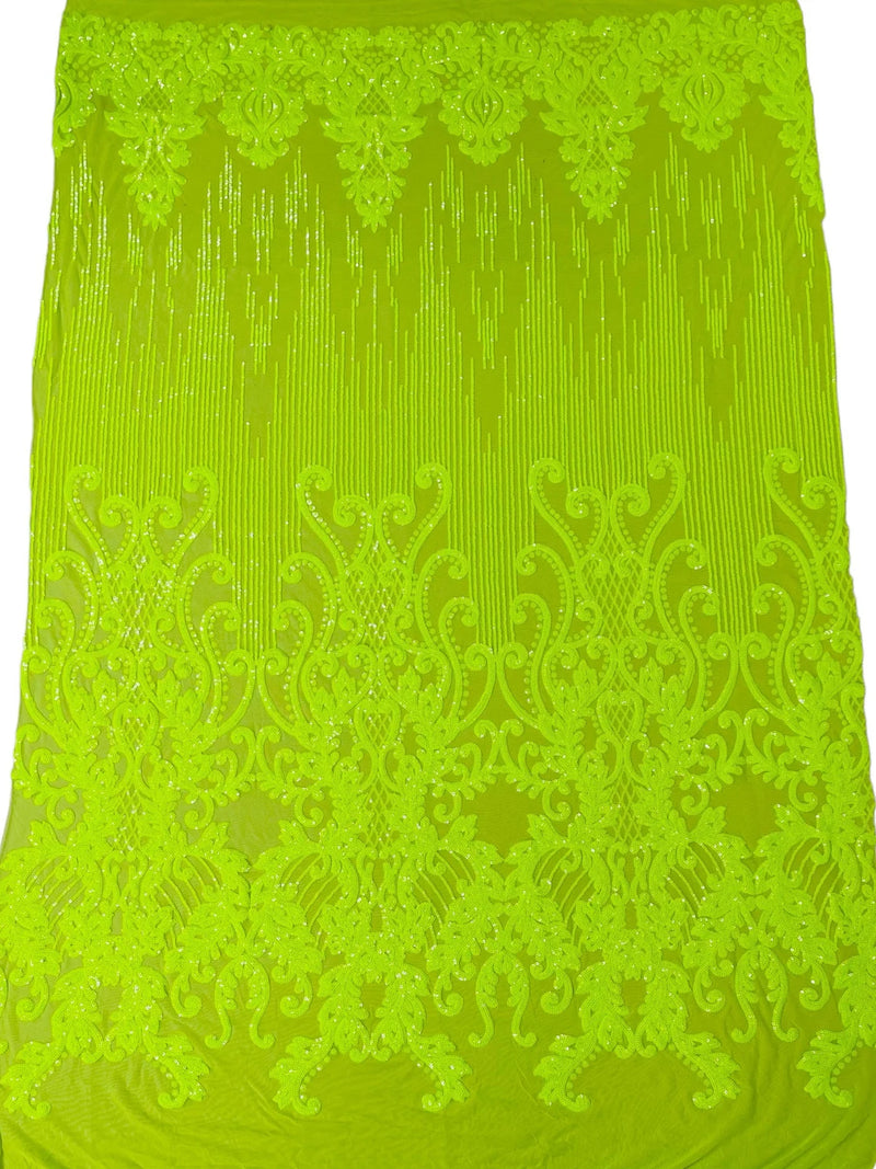 Fancy Damask Line Sequin - Neon Lime Green - 4 Way Stretch Sequins Damask Design Fabric Yard