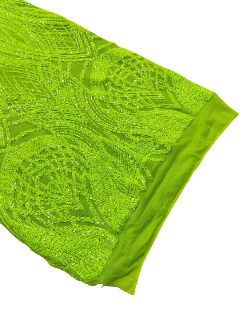 Long Wavy Line Design Sequins - Neon Lime Green - 4 Way Stretch Sequin Design on Mesh Fabric By Yard