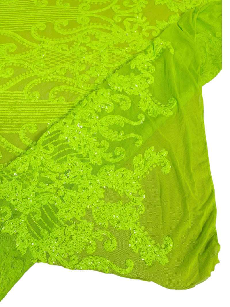 Fancy Damask Line Sequin - Neon Lime Green - 4 Way Stretch Sequins Damask Design Fabric Yard