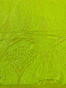 Long Wavy Line Design Sequins - Neon Lime Green - 4 Way Stretch Sequin Design on Mesh Fabric By Yard