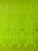 Fancy Damask Line Sequin - Neon Lime Green - 4 Way Stretch Sequins Damask Design Fabric Yard