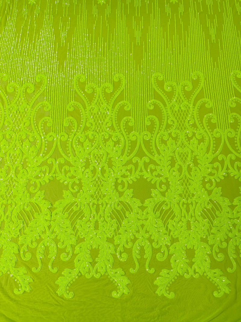 Fancy Damask Line Sequin - Neon Lime Green - 4 Way Stretch Sequins Damask Design Fabric Yard