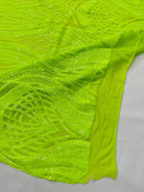Long Wavy Line Design Sequins - Neon Lime Green - 4 Way Stretch Sequin Design on Mesh Fabric By Yard