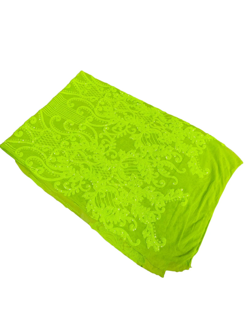 Fancy Damask Line Sequin - Neon Lime Green - 4 Way Stretch Sequins Damask Design Fabric Yard