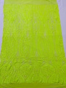 Long Wavy Line Design Sequins - Neon Lime Green - 4 Way Stretch Sequin Design on Mesh Fabric By Yard