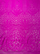 Floral Star Leaf Design - Neon Magenta - 4 Way Stretch Sequin Floral Design on Mesh By Yard