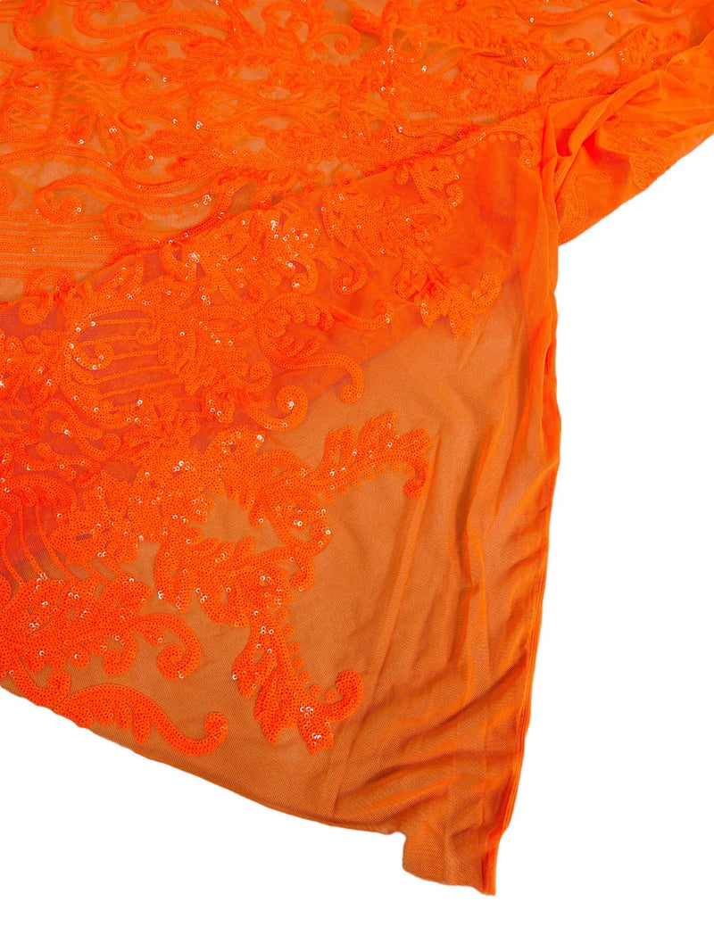 Fancy Damask Line Sequin - Neon Orange - 4 Way Stretch Sequins Damask Design Fabric Yard