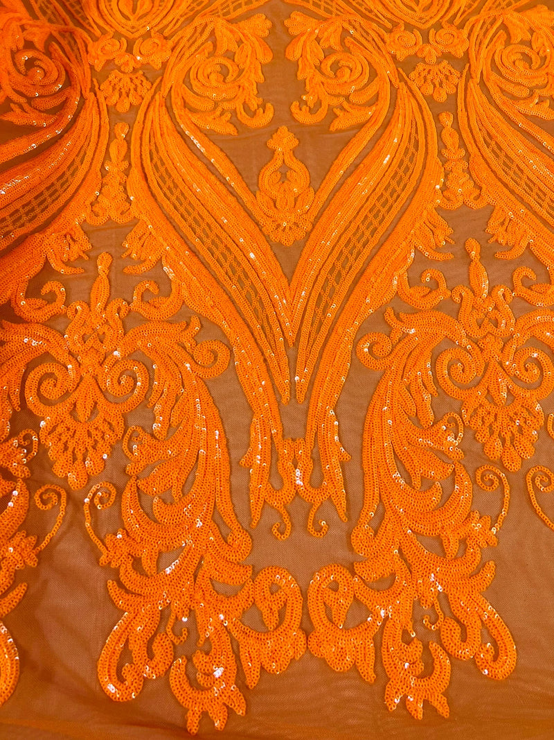 Neon Orange Big Damask Sequin Fabric on a Mesh 4 Way Stretch Sequins Fabric Sold By The Yard