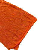 Long Wavy Line Design Sequins - Neon Orange - 4 Way Stretch Sequin Design on Mesh Fabric By Yard
