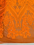 Neon Orange Big Damask Sequin Fabric on a Mesh 4 Way Stretch Sequins Fabric Sold By The Yard
