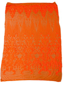 Fancy Damask Line Sequin - Neon Orange - 4 Way Stretch Sequins Damask Design Fabric Yard