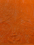 Long Wavy Line Design Sequins - Neon Orange - 4 Way Stretch Sequin Design on Mesh Fabric By Yard