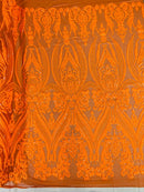 Neon Orange Big Damask Sequin Fabric on a Mesh 4 Way Stretch Sequins Fabric Sold By The Yard