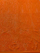 Long Wavy Line Design Sequins - Neon Orange - 4 Way Stretch Sequin Design on Mesh Fabric By Yard