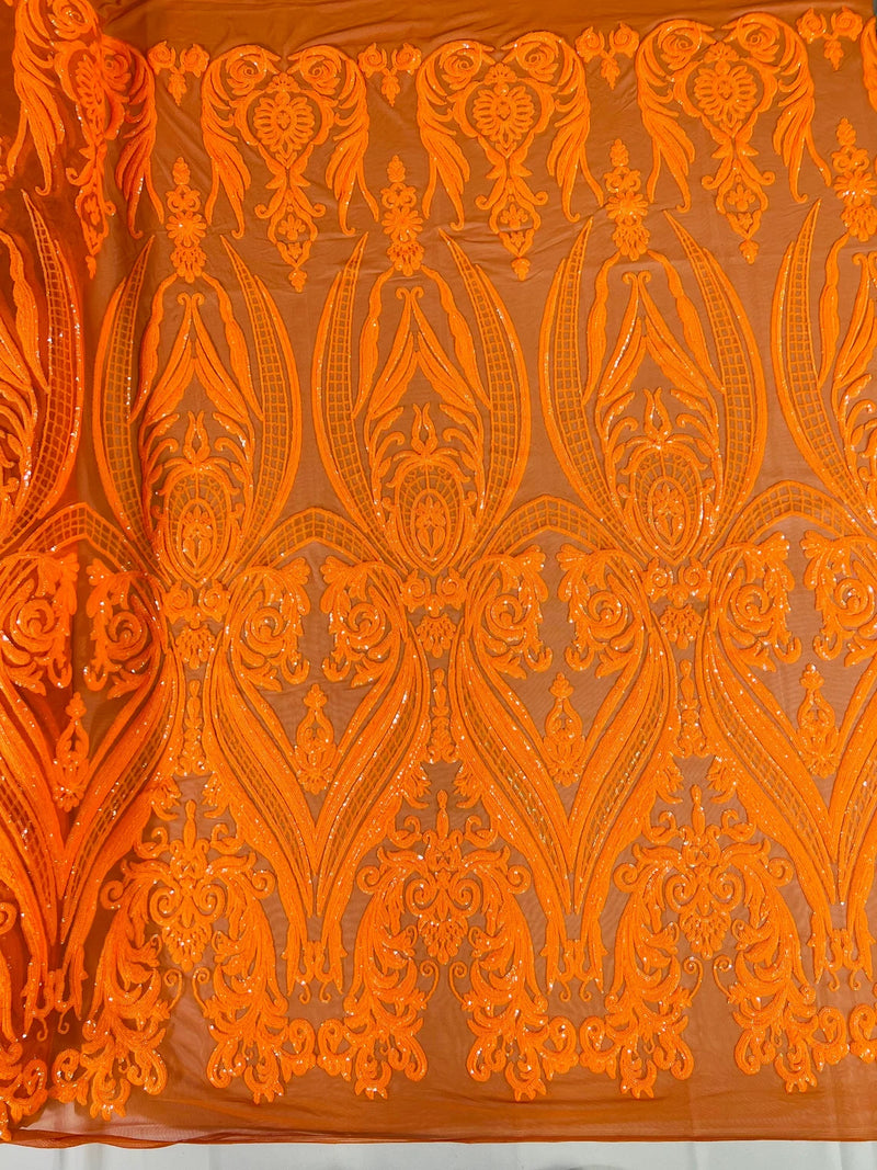 Neon Orange Big Damask Sequin Fabric on a Mesh 4 Way Stretch Sequins Fabric Sold By The Yard