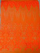 Fancy Damask Line Sequin - Neon Orange - 4 Way Stretch Sequins Damask Design Fabric Yard
