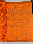 Neon Orange Big Damask Sequin Fabric on a Mesh 4 Way Stretch Sequins Fabric Sold By The Yard