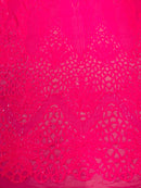 Floral Star Leaf Design - Neon Pink - 4 Way Stretch Sequin Floral Design on Mesh By Yard