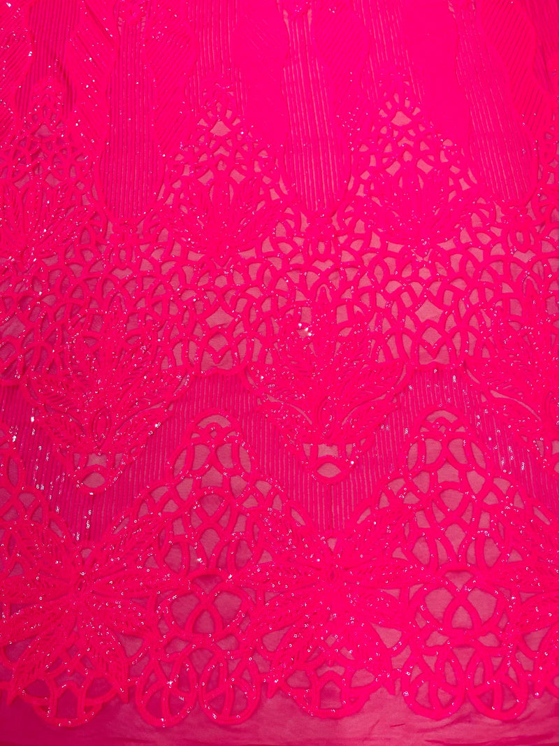 Floral Star Leaf Design - Neon Pink - 4 Way Stretch Sequin Floral Design on Mesh By Yard