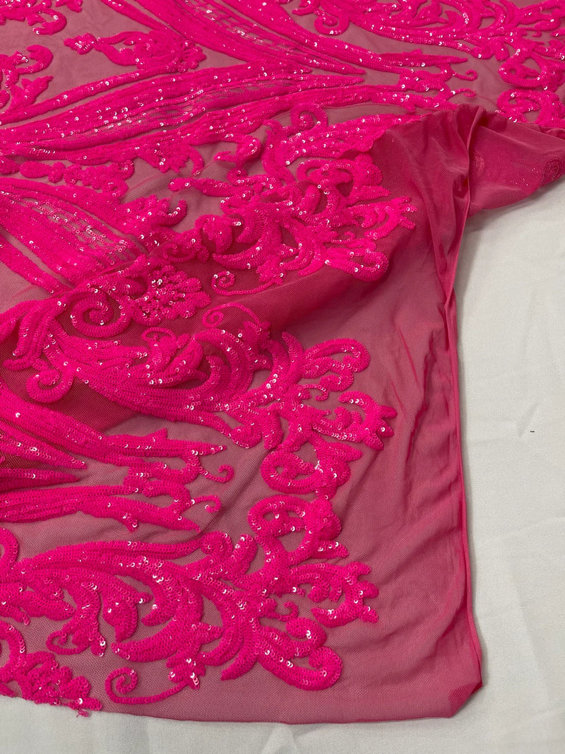 Big Damask Sequins - Neon Pink - Damask Sequin Design on 4 Way Stretch Fabric By Yard