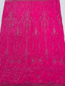 Long Wavy Line Design Sequins - Neon Pink - 4 Way Stretch Sequin Design on Mesh Fabric By Yard