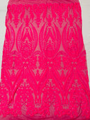 Big Damask Sequins - Neon Pink - Damask Sequin Design on 4 Way Stretch Fabric By Yard