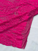 Long Wavy Line Design Sequins - Neon Pink - 4 Way Stretch Sequin Design on Mesh Fabric By Yard