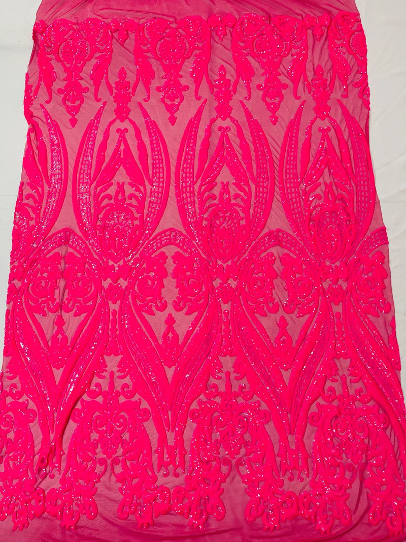 Big Damask Sequins - Neon Pink - Damask Sequin Design on 4 Way Stretch Fabric By Yard