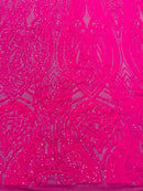 Long Wavy Line Design Sequins - Neon Pink - 4 Way Stretch Sequin Design on Mesh Fabric By Yard