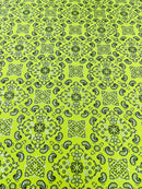 Bandana Spandex Print Fabrics - Neon Yellow - Bandana Design Stretch Spandex Fabric By Yard