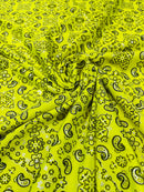 Bandana Spandex Print Fabrics - Neon Yellow - Bandana Design Stretch Spandex Fabric By Yard